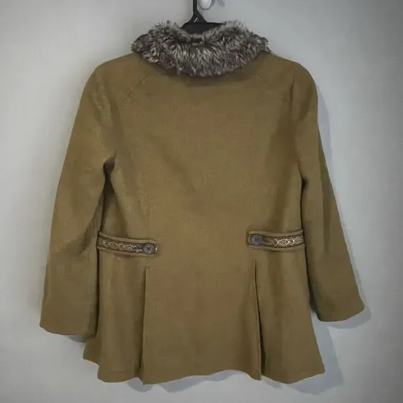 Free People Pea Coat Wool Silk Faux Fur Collar Women's Sz 10 Green Tweed Ribbon - Picture 2 of 16